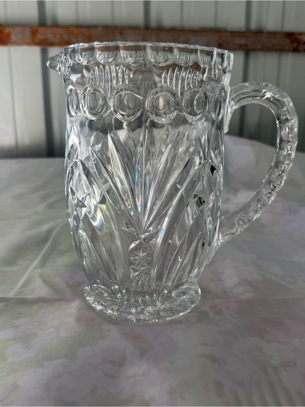 Vintage heavy cut crystal glass patterned pitcher
